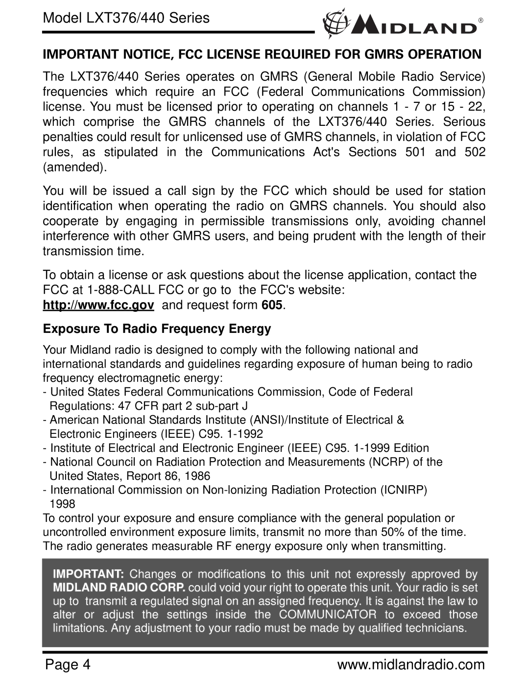 Midland Radio LXT376/440 owner manual Important NOTICE, FCC License Required for Gmrs Operation 