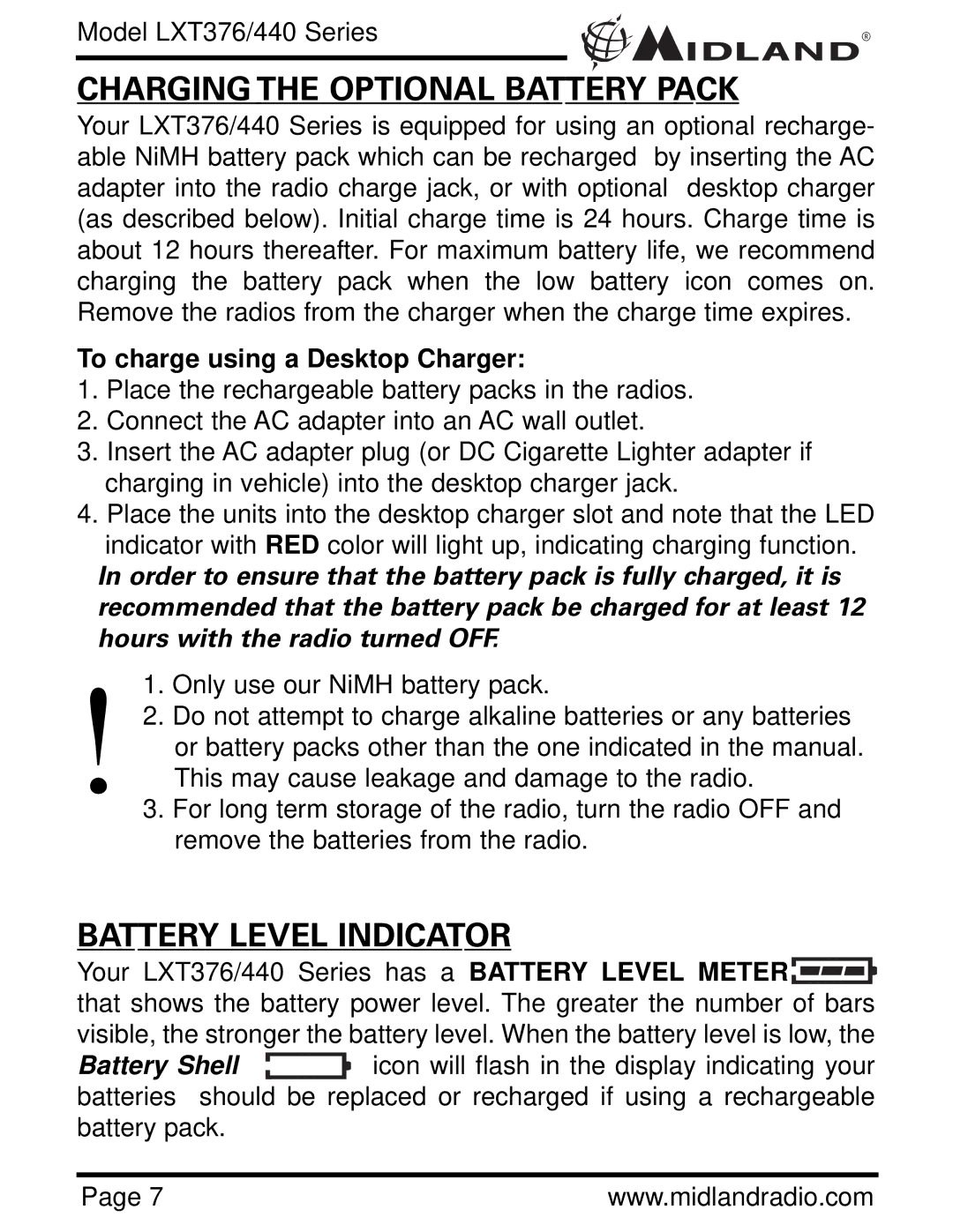 Midland Radio LXT376/440 Charging the Optional Battery Pack, Battery Level Indicator, To charge using a Desktop Charger 