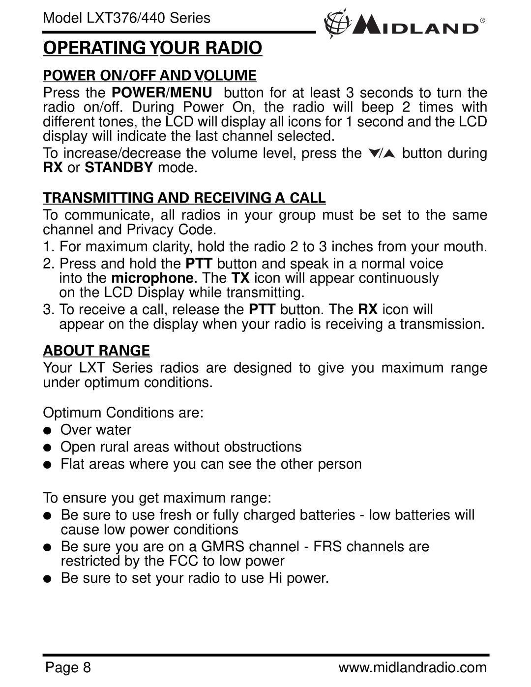 Midland Radio LXT376/440 Operating Your Radio, Power ON/OFF and Volume, Transmitting and Receiving a Call, About Range 