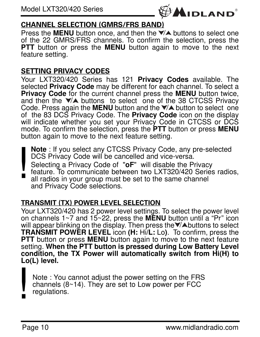 Midland Radio LXT420, LXT320 owner manual Channel Selection GMRS/FRS Band, Setting Privacy Codes 