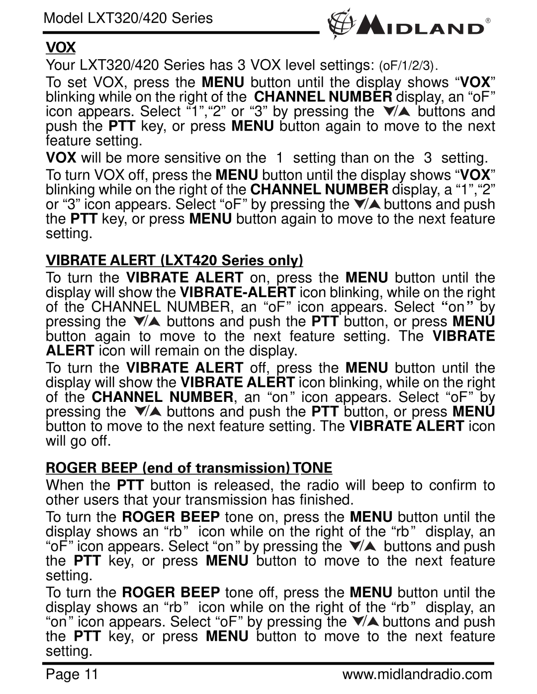 Midland Radio LXT320 owner manual Vox, Vibrate Alert LXT420 Series only, Roger Beep end of transmission Tone 