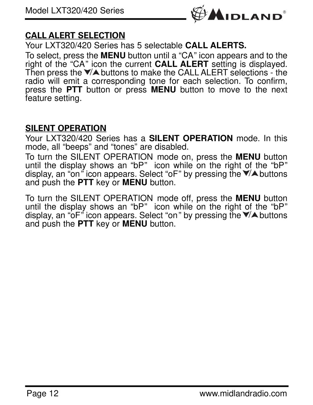 Midland Radio LXT420, LXT320 owner manual Call Alert Selection, Silent Operation 