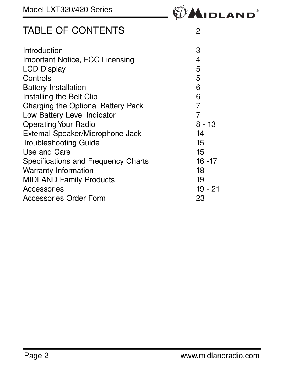 Midland Radio LXT420, LXT320 owner manual Table of Contents 