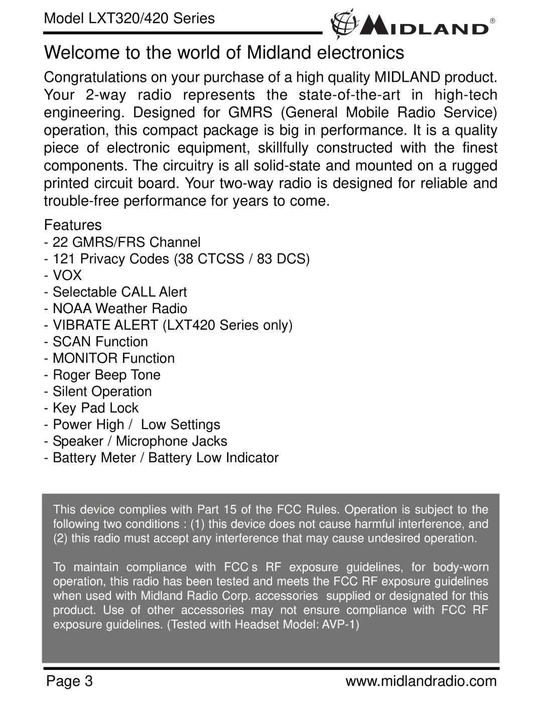 Midland Radio LXT320, LXT420 owner manual Welcome to the world of Midland electronics, Features 