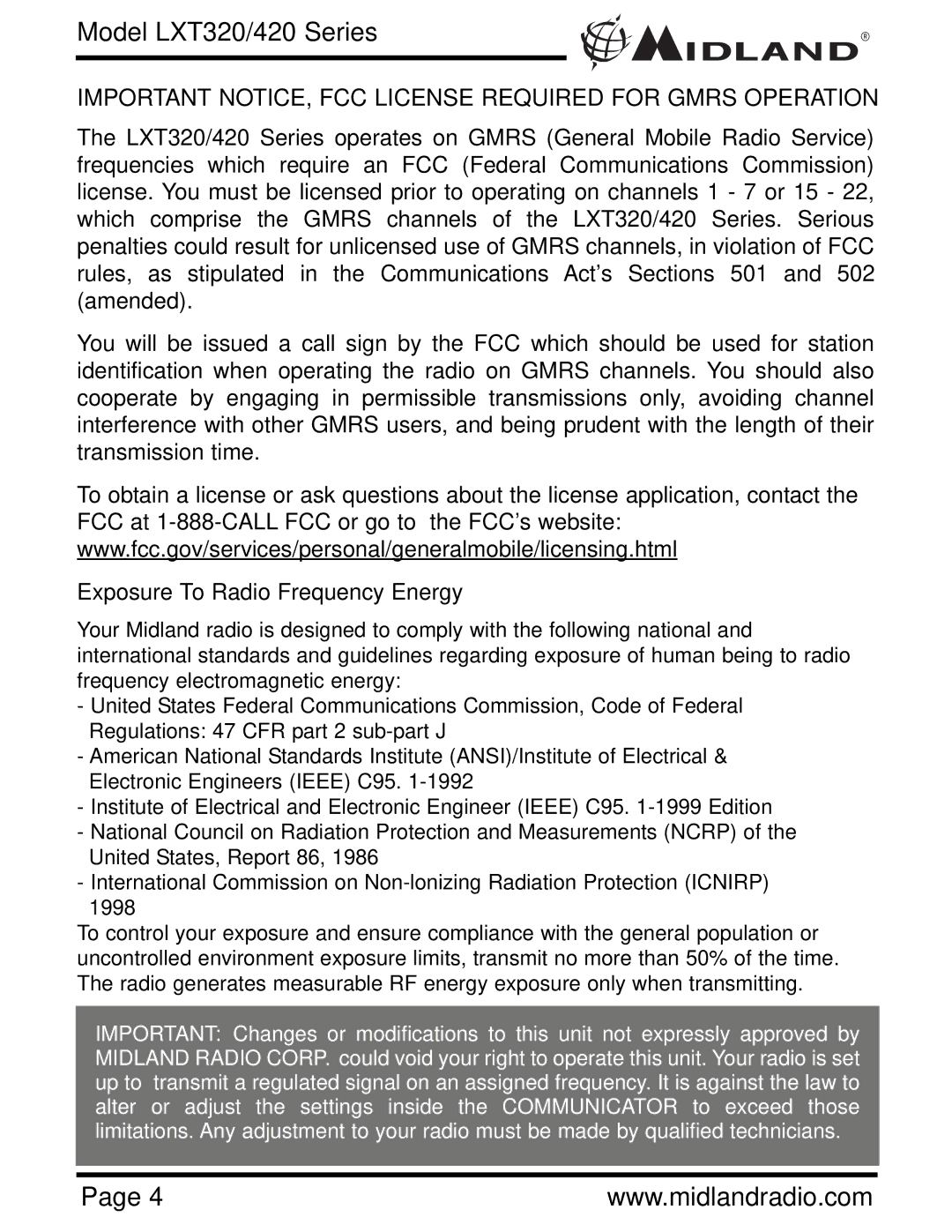 Midland Radio LXT420, LXT320 owner manual Important NOTICE, FCC License Required for Gmrs Operation 