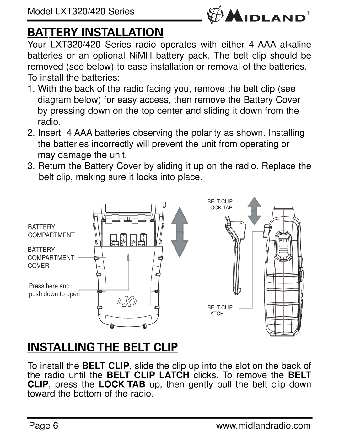 Midland Radio LXT420, LXT320 owner manual Battery Installation, Installing the Belt Clip 