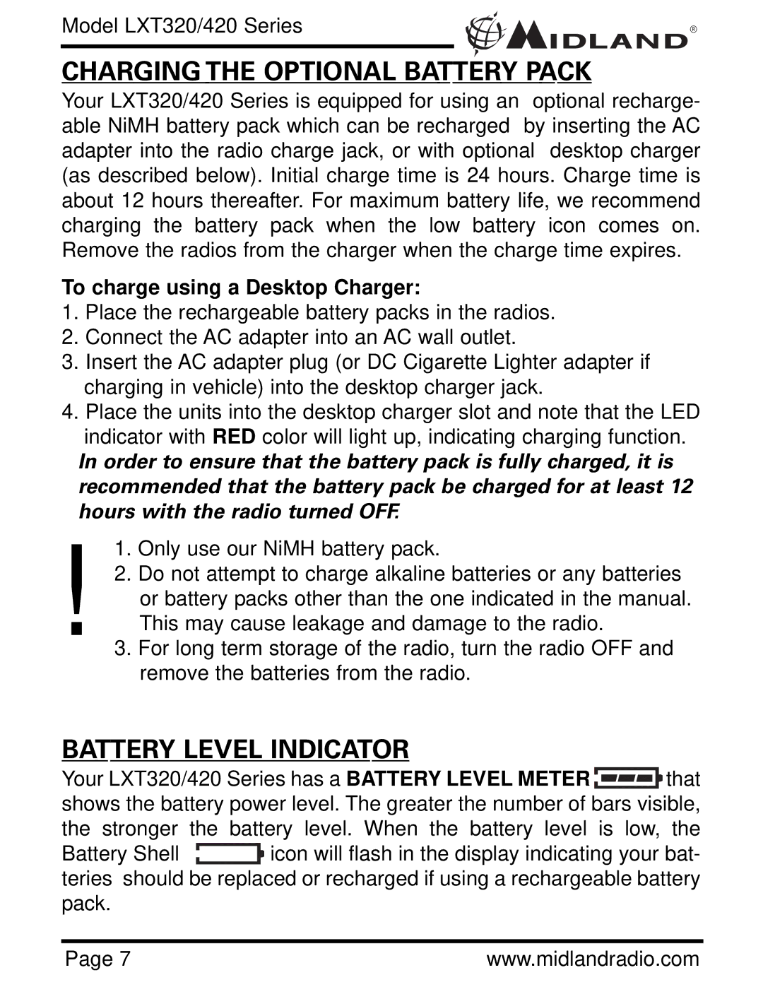 Midland Radio LXT320 Charging the Optional Battery Pack, Battery Level Indicator, To charge using a Desktop Charger 