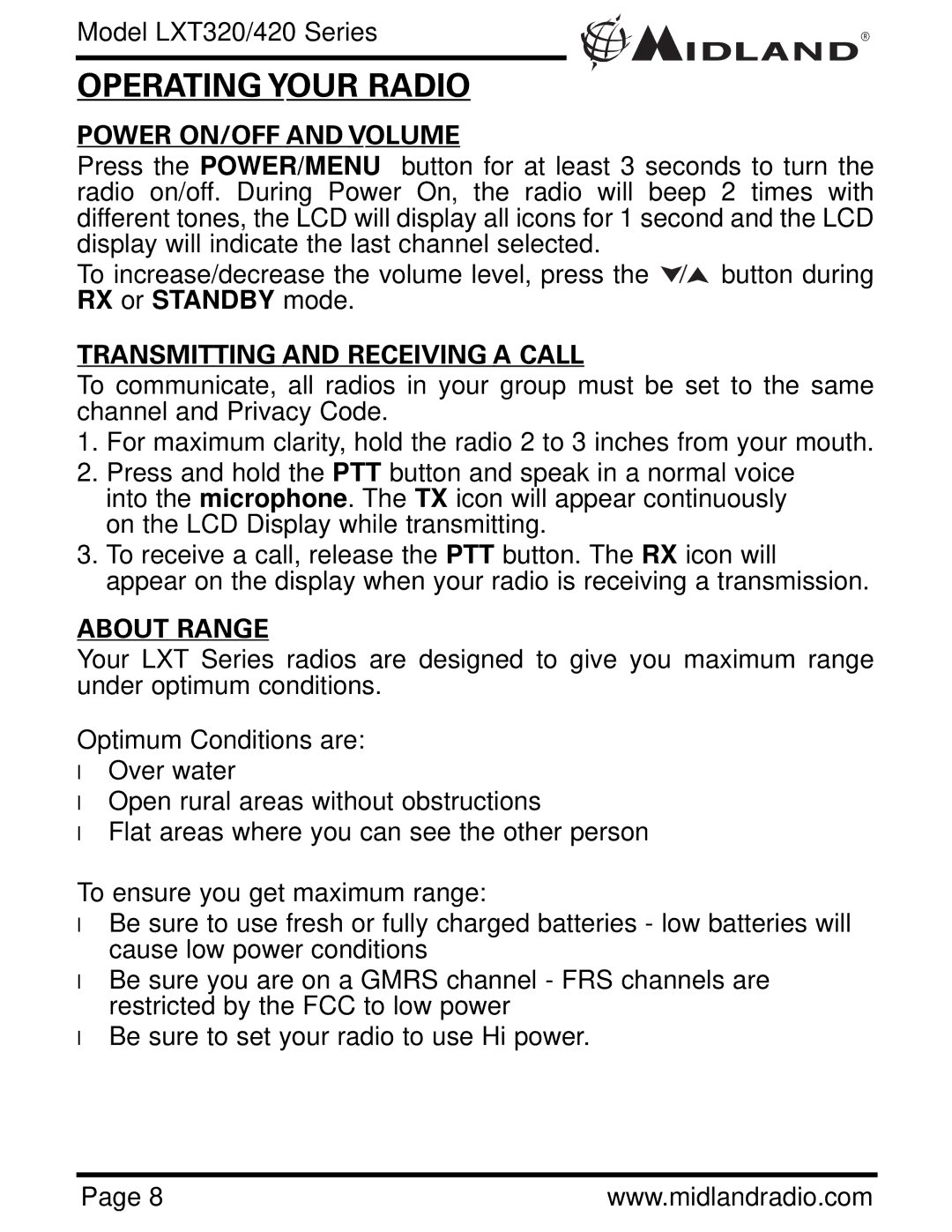 Midland Radio LXT420, LXT320 Operating Your Radio, Power ON/OFF and Volume, Transmitting and Receiving a Call, About Range 