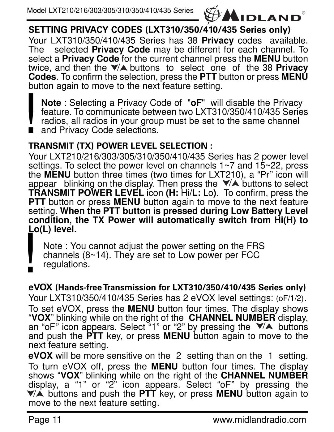 Midland Radio LXT305, LXT435, LXT350, LXT303, LXT216, LXT210, LXT410 Setting Privacy Codes LXT310/350/410/435 Series only 