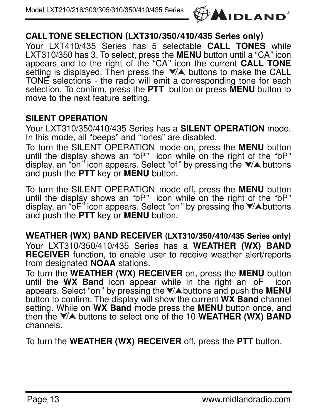 Midland Radio LXT210, LXT435, LXT350, LXT303, LXT305 Call Tone Selection LXT310/350/410/435 Series only, Silent Operation 