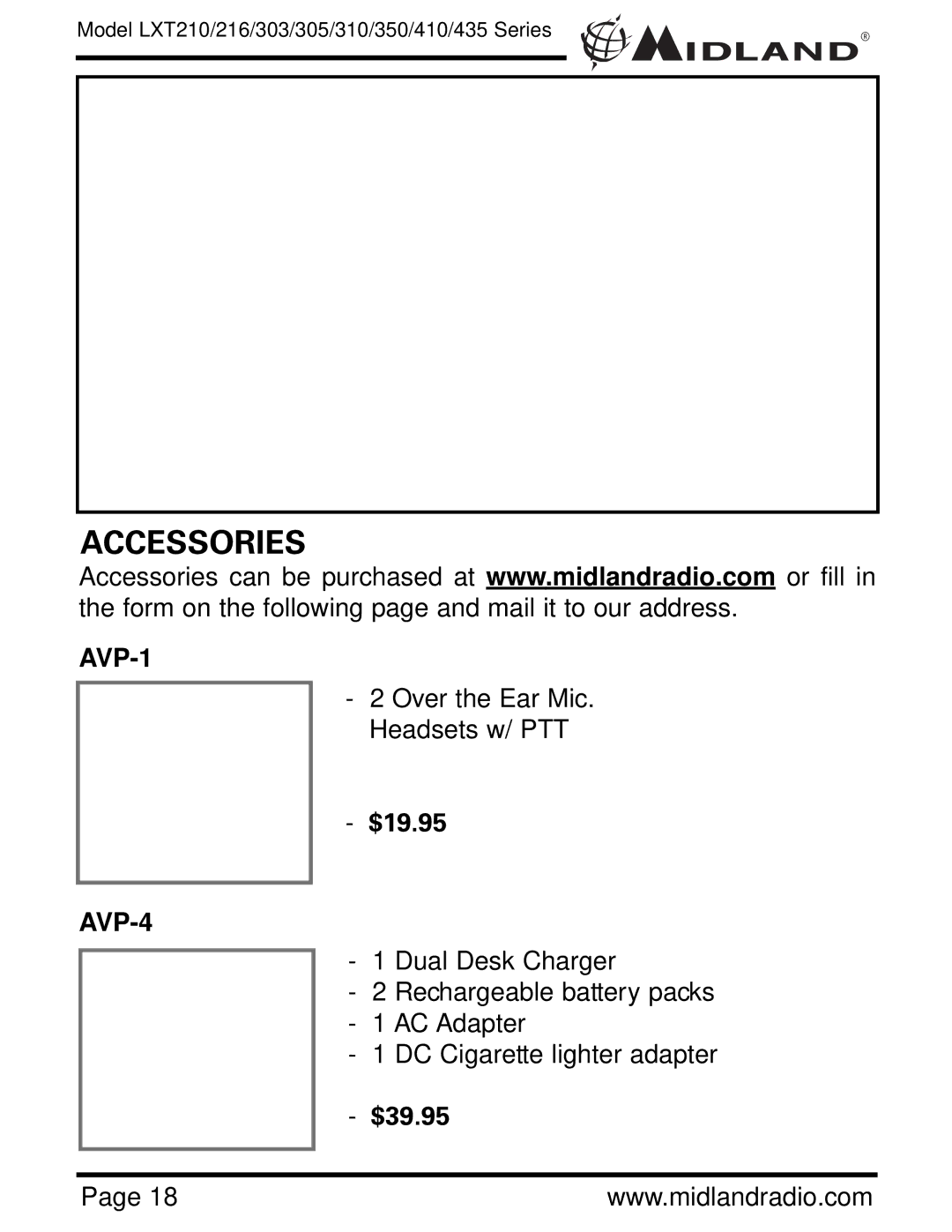 Midland Radio LXT303, LXT435, LXT350, LXT305, LXT216, LXT210, LXT410, LXT310 Accessories, AVP-1, $19.95, AVP-4, $39.95 