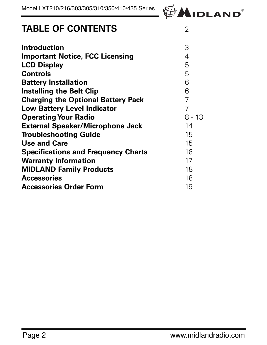 Midland Radio LXT303, LXT435, LXT350, LXT305, LXT216, LXT210, LXT410, LXT310 owner manual Table of Contents 