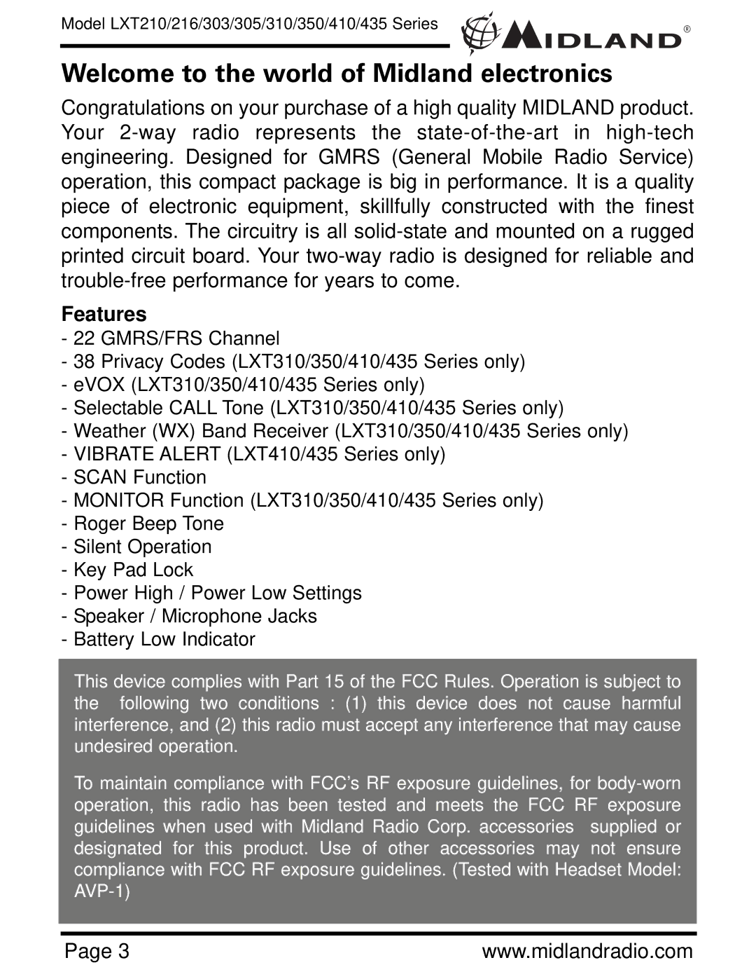 Midland Radio LXT305, LXT435, LXT350, LXT303, LXT216, LXT210, LXT410 Welcome to the world of Midland electronics, Features 