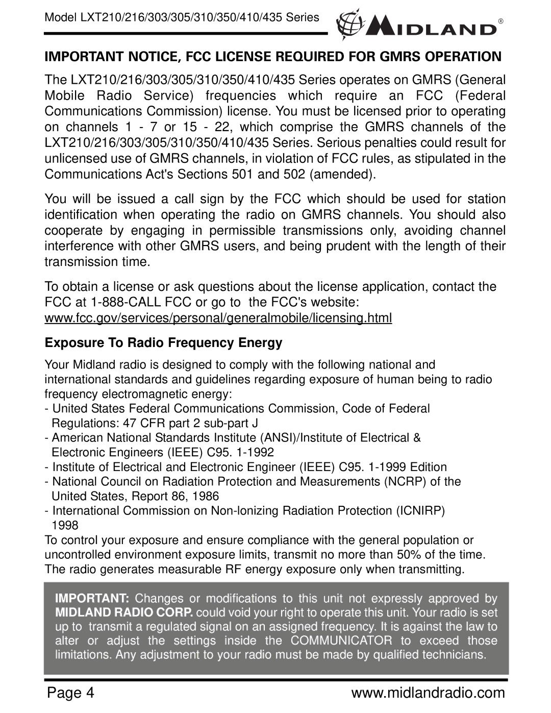 Midland Radio LXT216, LXT435, LXT350, LXT303, LXT305, LXT210, LXT410 Important NOTICE, FCC License Required for Gmrs Operation 