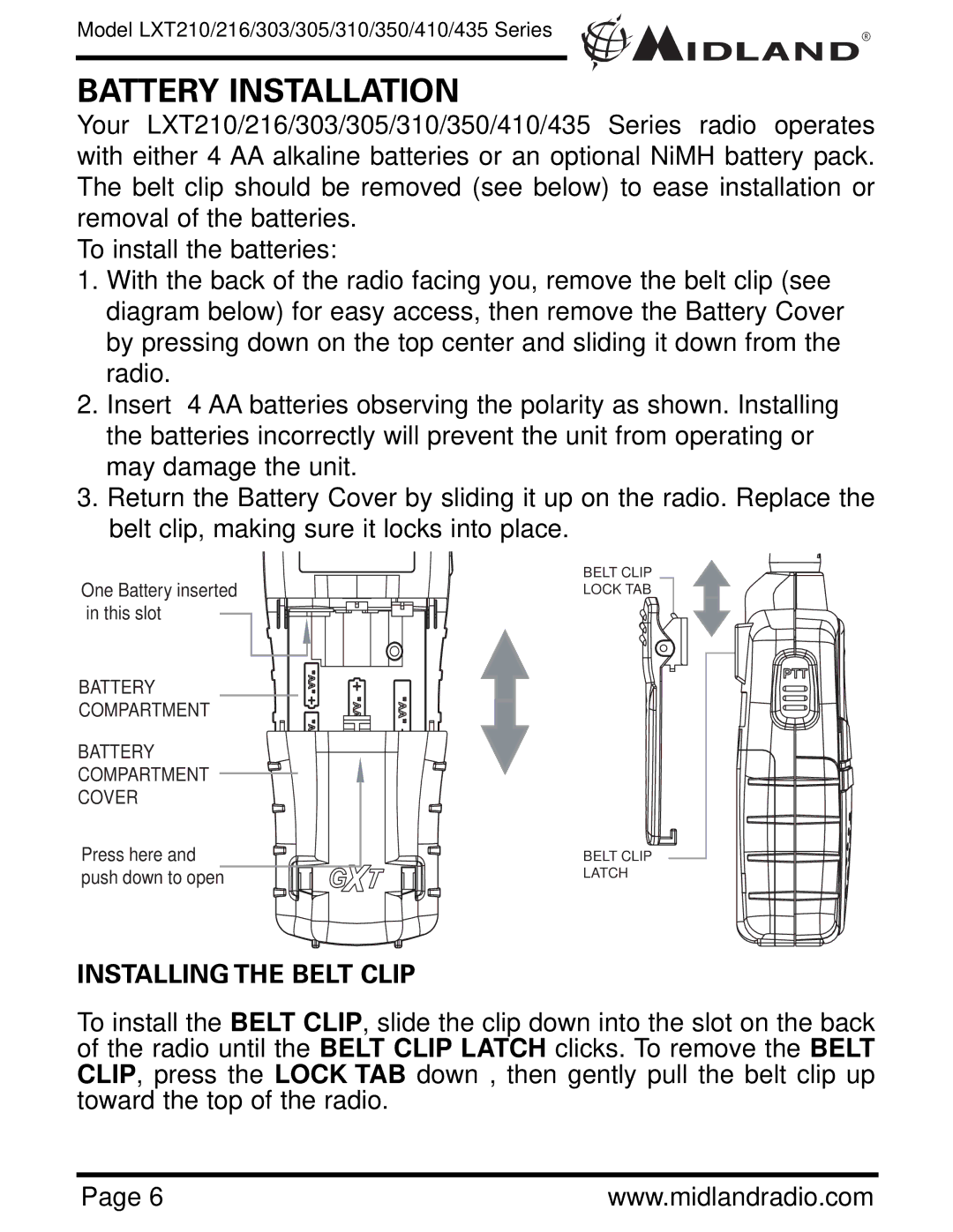 Midland Radio LXT410, LXT435, LXT350, LXT303, LXT305, LXT216, LXT210, LXT310 Battery Installation, Installing the Belt Clip 