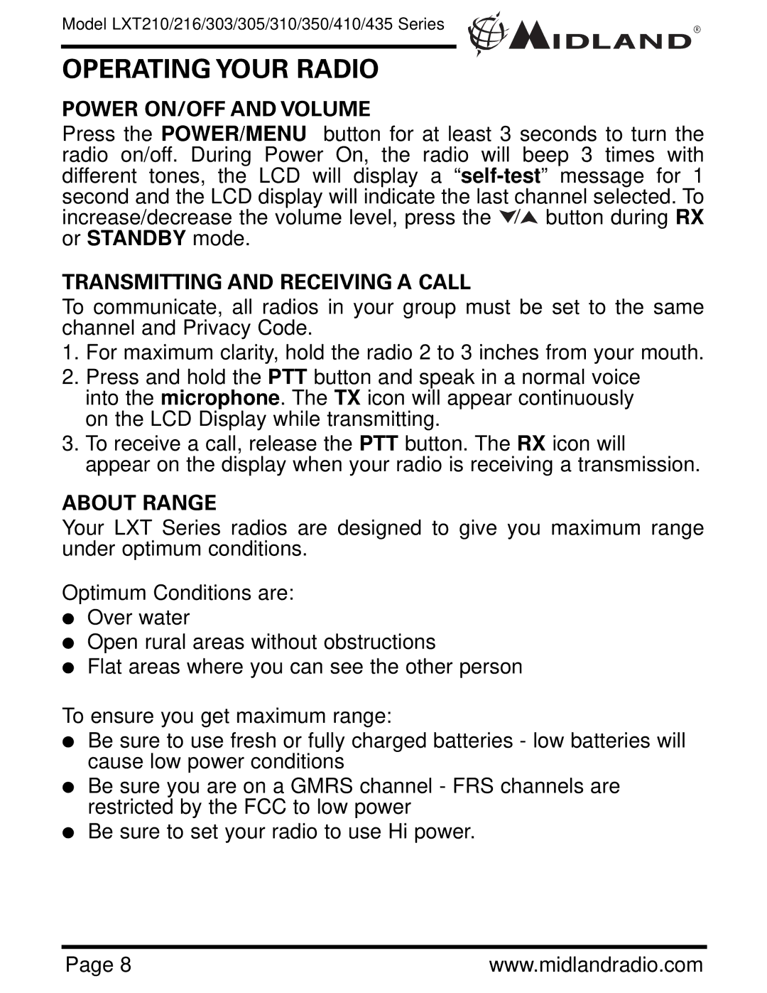 Midland Radio LXT435, LXT350 Operating Your Radio, Power ON/OFF and Volume, Transmitting and Receiving a Call, About Range 