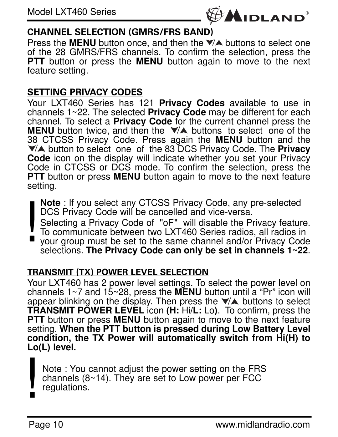 Midland Radio LXT460 Series owner manual Channel Selection GMRS/FRS Band, Setting Privacy Codes 