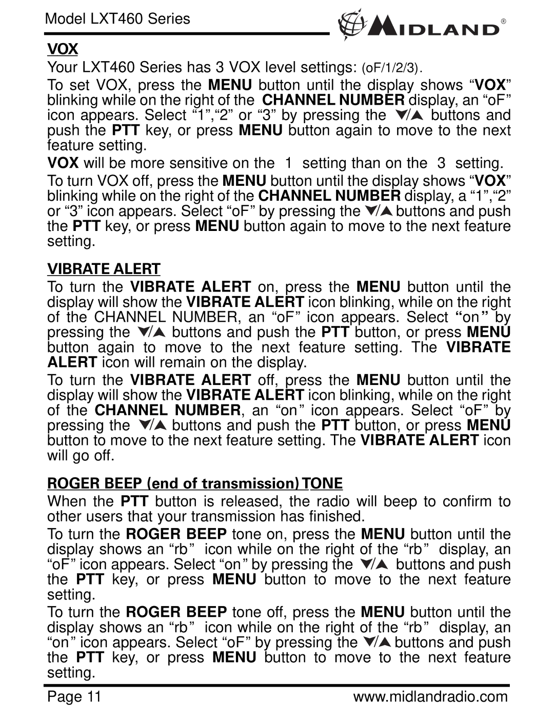 Midland Radio LXT460 Series owner manual Vox, Vibrate Alert, Roger Beep end of transmission Tone 