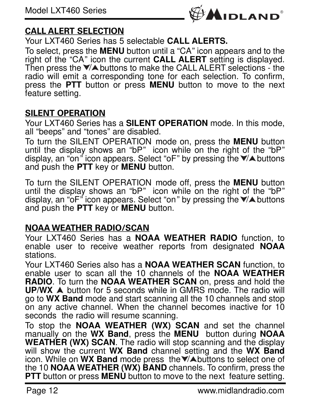 Midland Radio LXT460 Series owner manual Call Alert Selection, Silent Operation, Noaa Weather RADIO/SCAN 