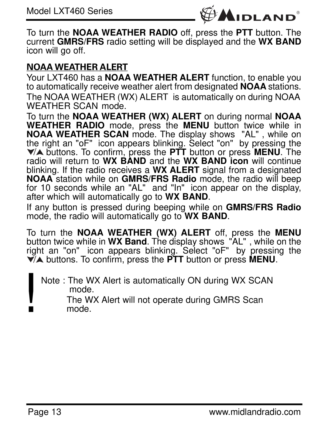 Midland Radio LXT460 Series owner manual Noaa Weather Alert, WX Alert will not operate during Gmrs Scan mode 