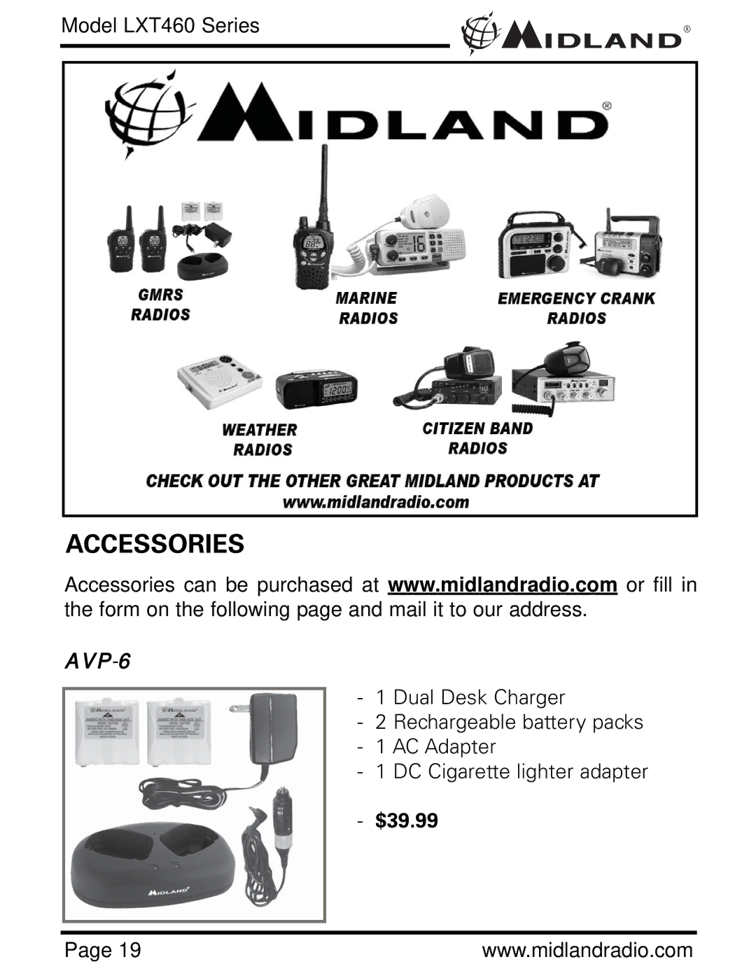 Midland Radio LXT460 Series owner manual Accessories, $39.99 