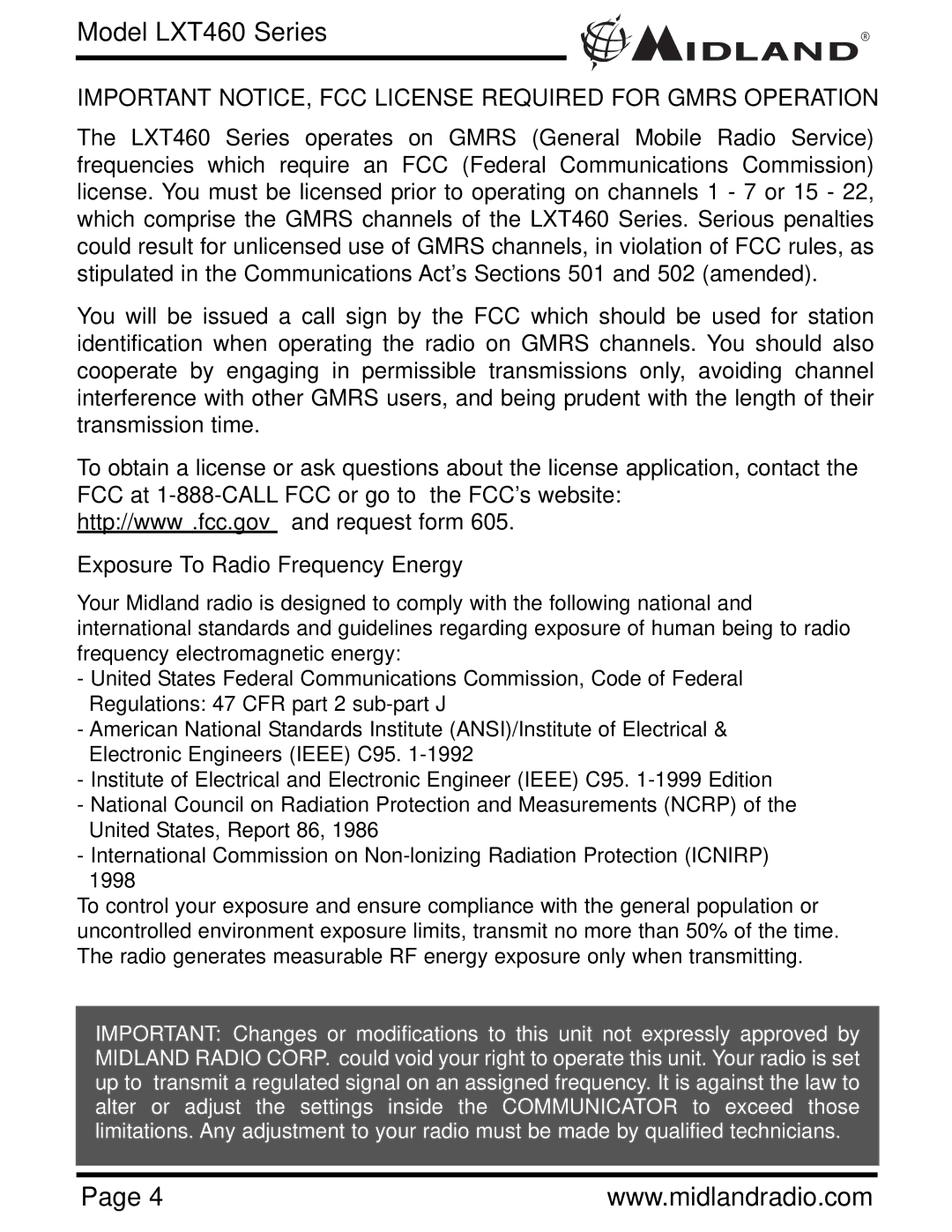 Midland Radio LXT460 Series owner manual Important NOTICE, FCC License Required for Gmrs Operation 