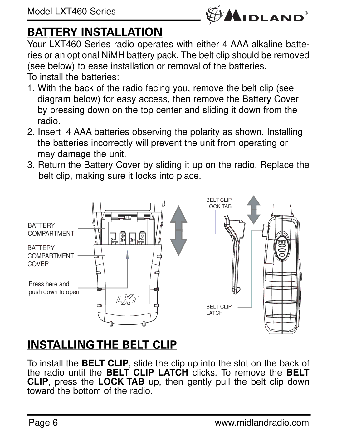 Midland Radio LXT460 Series owner manual Battery Installation, Installing the Belt Clip 