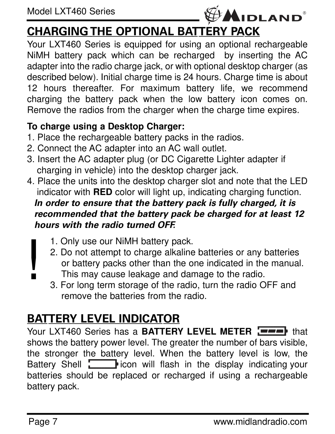 Midland Radio LXT460 Series Charging the Optional Battery Pack, Battery Level Indicator, To charge using a Desktop Charger 