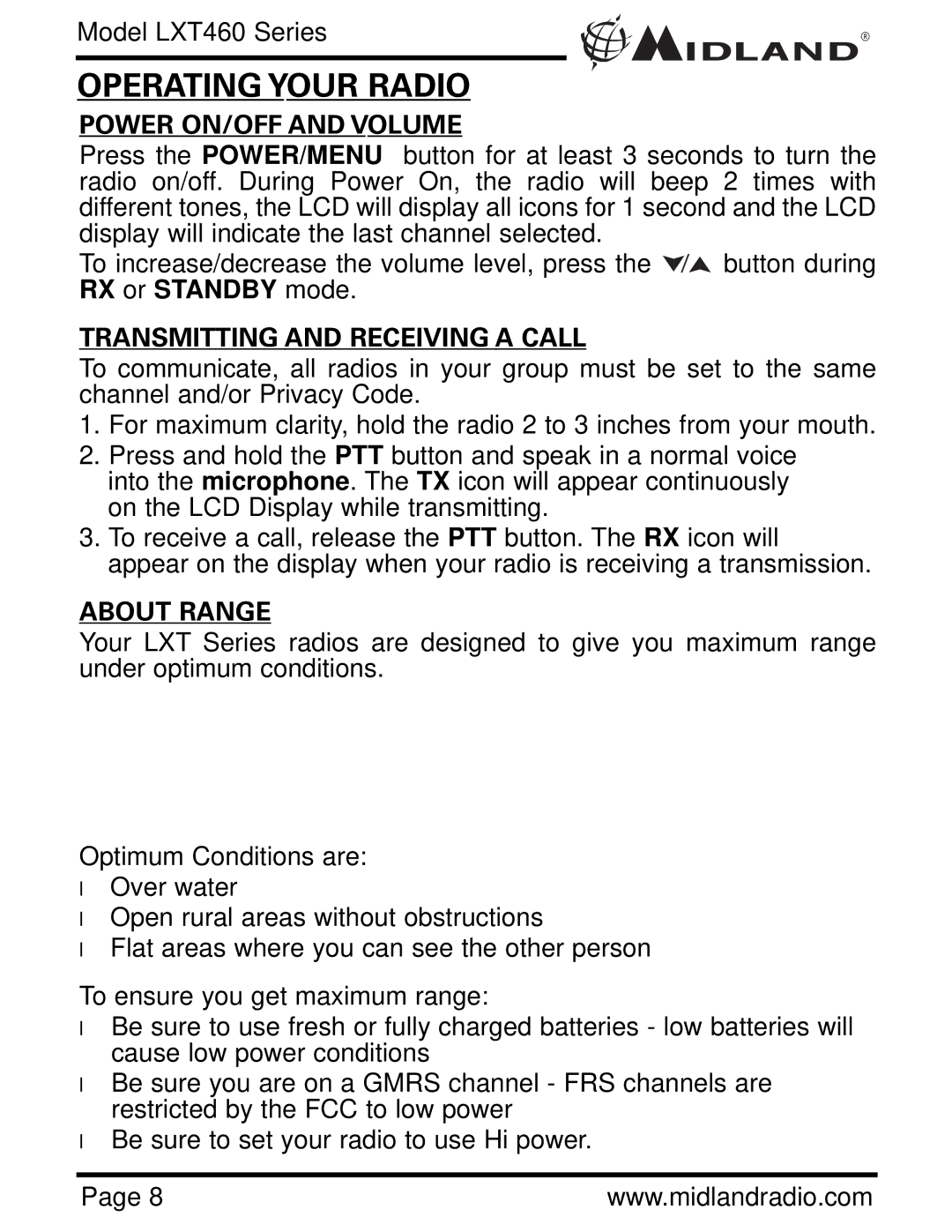 Midland Radio LXT460 Series Operating Your Radio, Power ON/OFF and Volume, Transmitting and Receiving a Call, About Range 