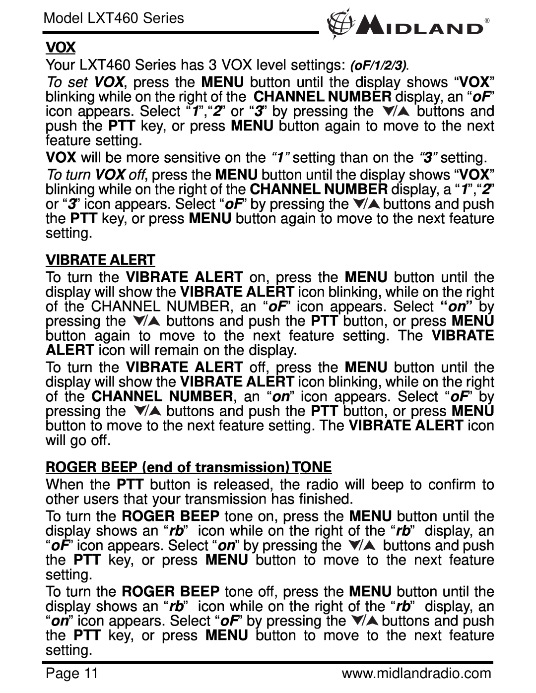 Midland Radio owner manual Vibrate Alert, ROGER BEEP end of transmission TONE, Model LXT460 Series 
