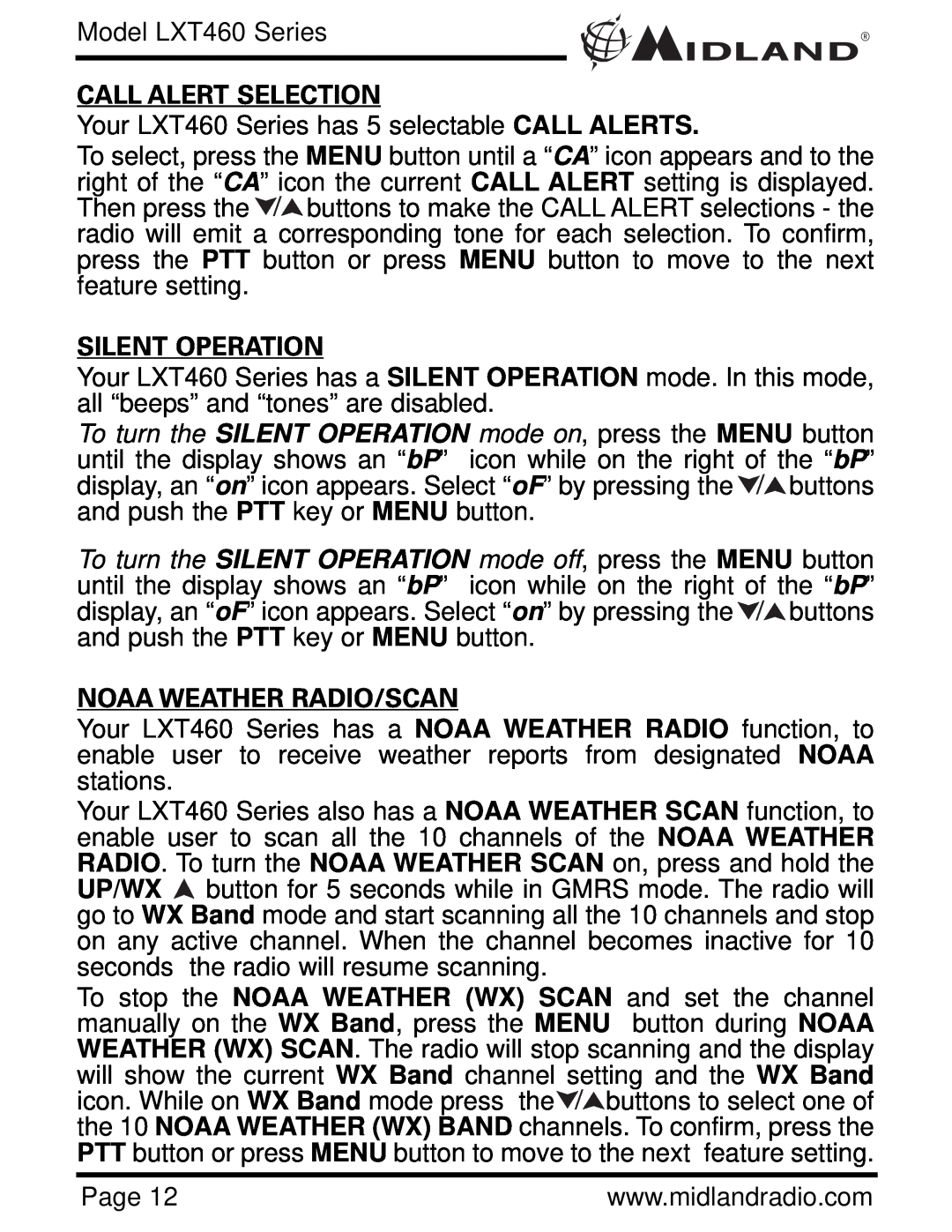 Midland Radio owner manual Call Alert Selection, Silent Operation, Noaa Weather Radio/Scan, Model LXT460 Series 