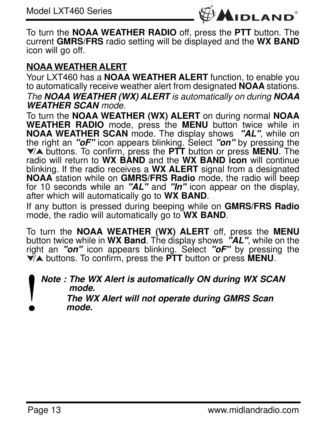 Midland Radio owner manual Noaa Weather Alert, Model LXT460 Series 