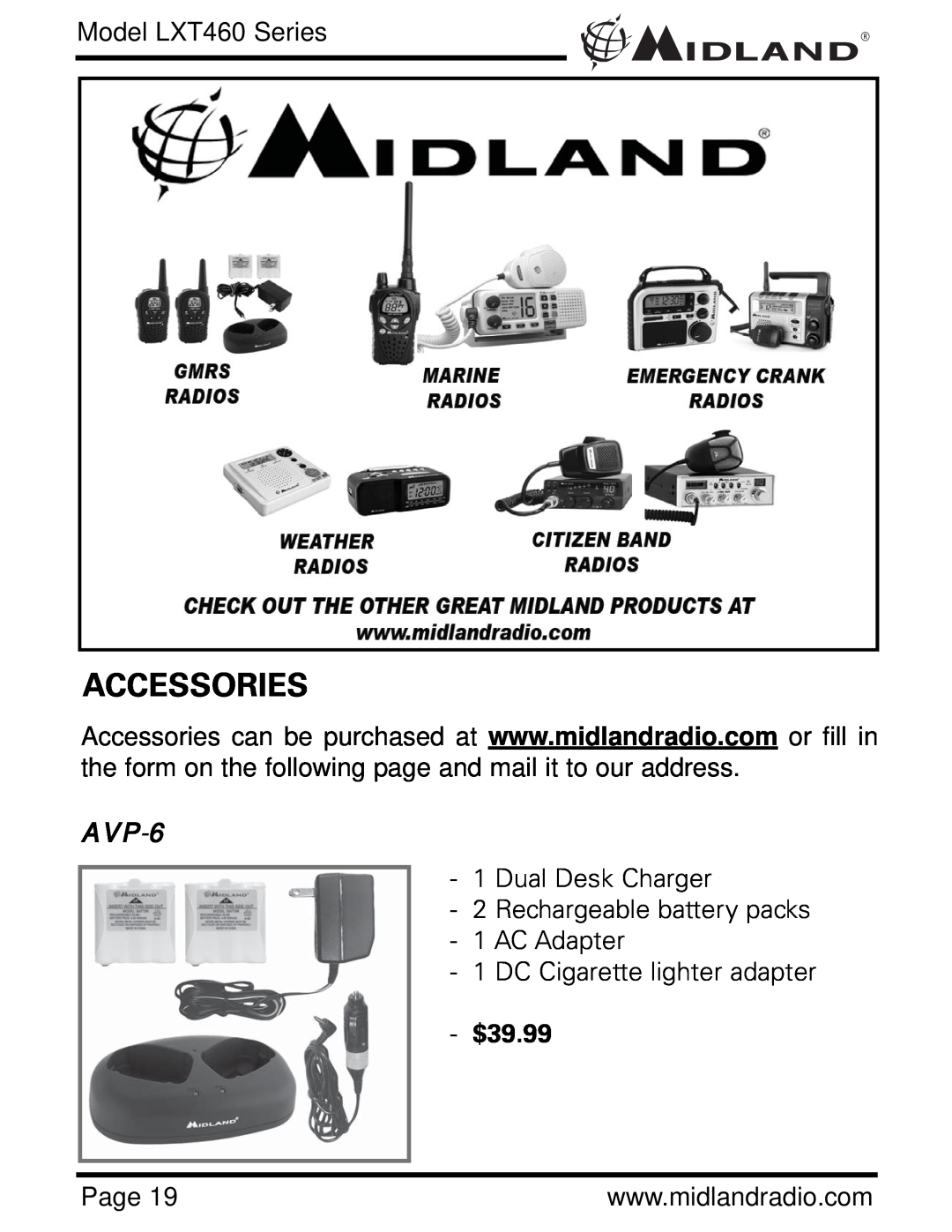 Midland Radio owner manual Accessories, AVP-6, $39.99, Model LXT460 Series 