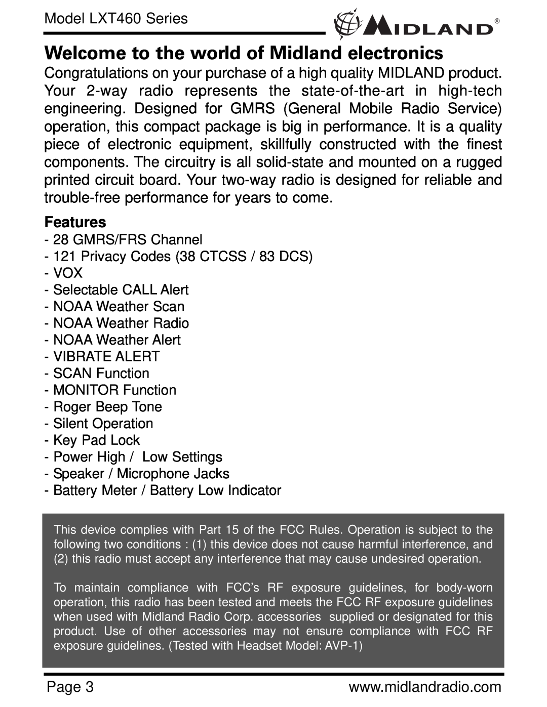 Midland Radio owner manual Welcome to the world of Midland electronics, Features, Model LXT460 Series 