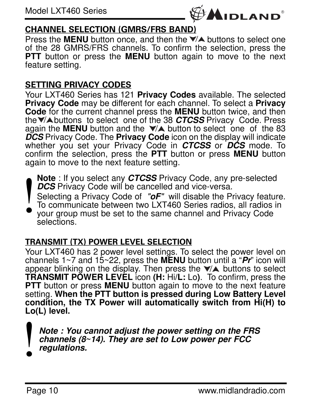 Midland Radio LXT460 owner manual Channel Selection GMRS/FRS Band, Setting Privacy Codes 