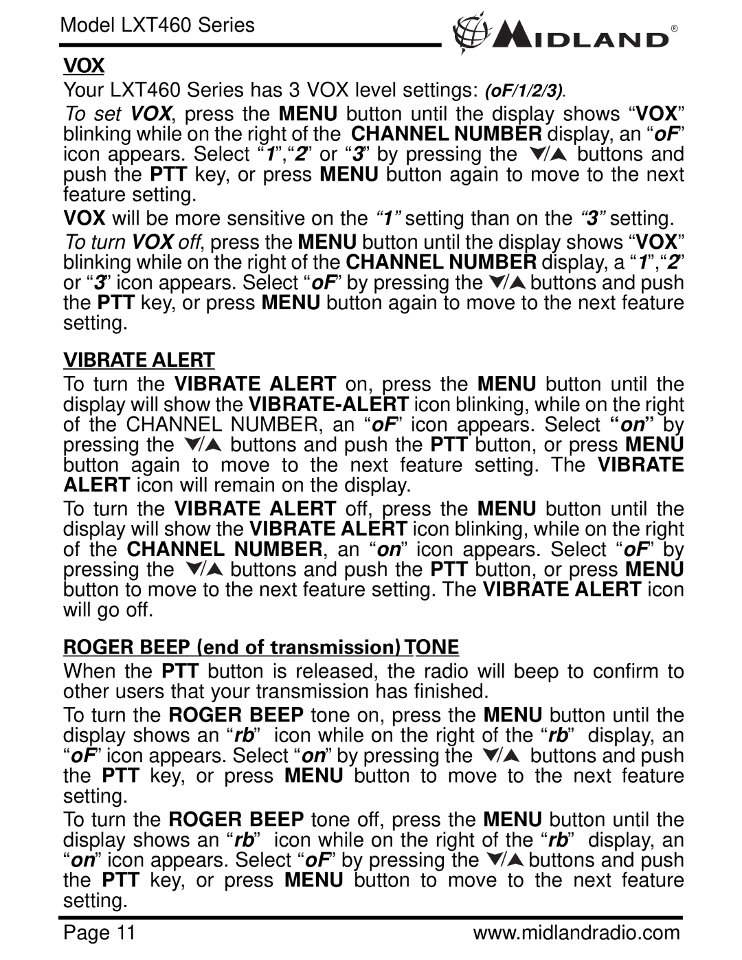 Midland Radio LXT460 owner manual Vox, Vibrate Alert, Roger Beep end of transmission Tone 