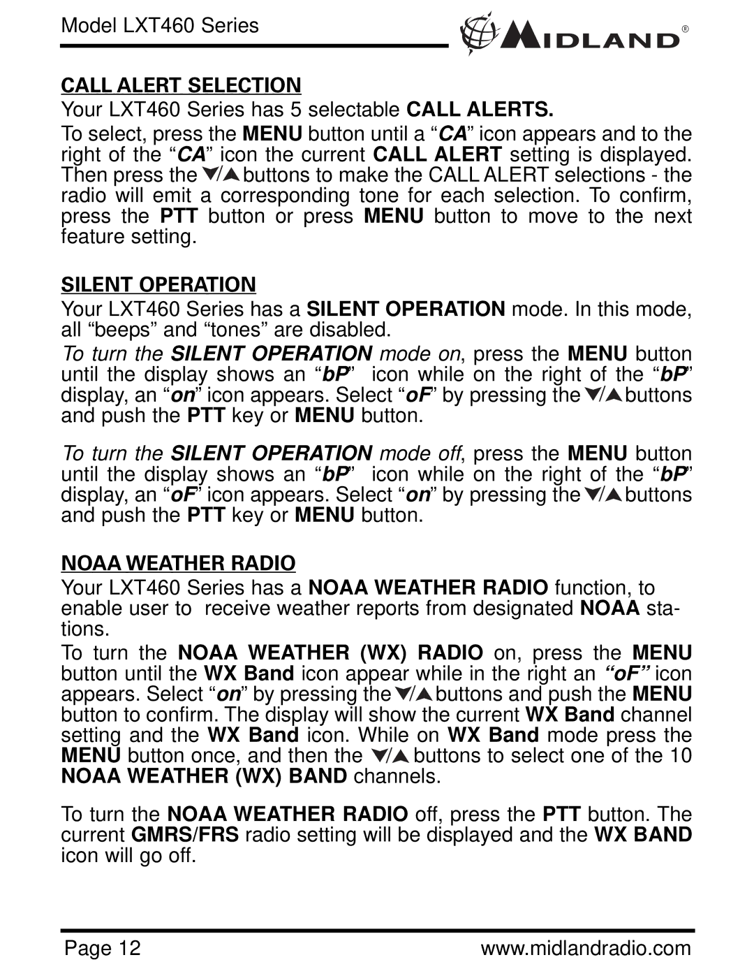 Midland Radio LXT460 owner manual Call Alert Selection, Silent Operation, Noaa Weather Radio 