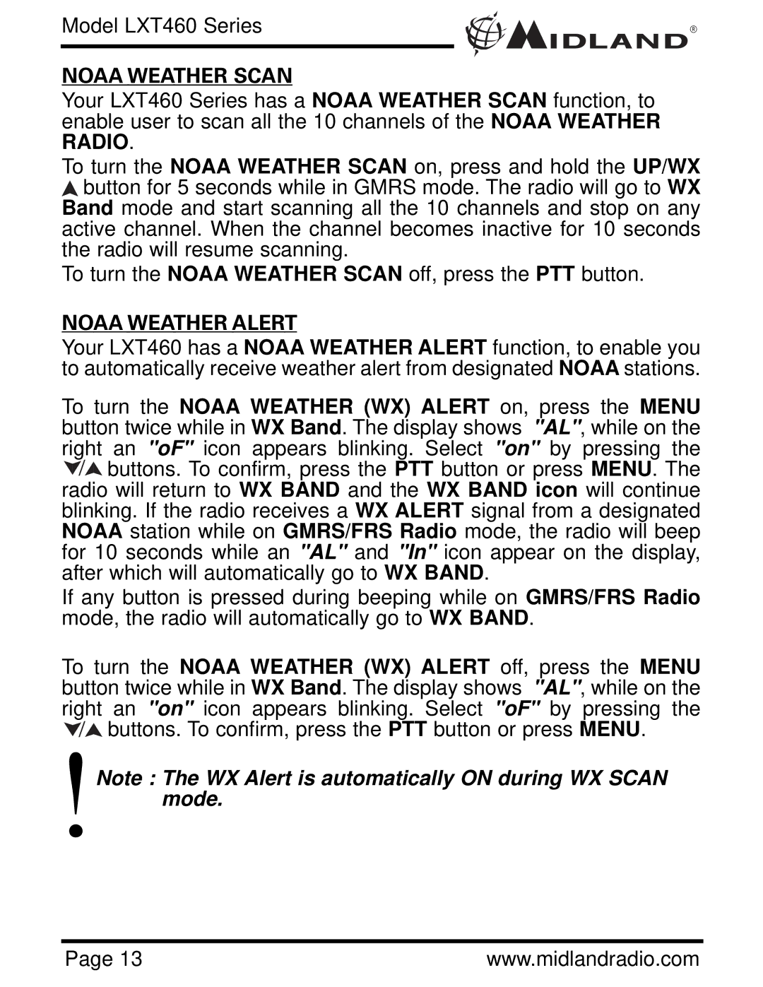 Midland Radio LXT460 owner manual Noaa Weather Scan, Noaa Weather Alert 