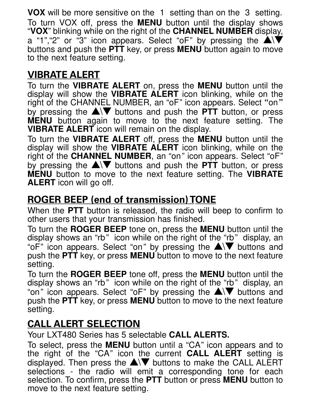 Midland Radio LXT480 Series owner manual Vibrate Alert, Call Alert Selection 