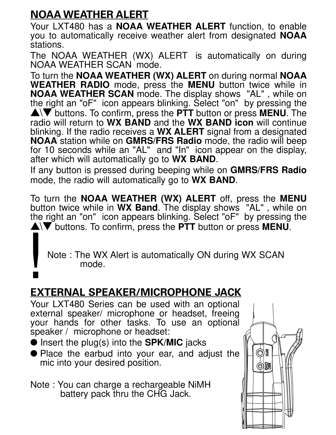 Midland Radio LXT480 Series owner manual Noaa Weather Alert, External SPEAKER/MICROPHONE Jack 