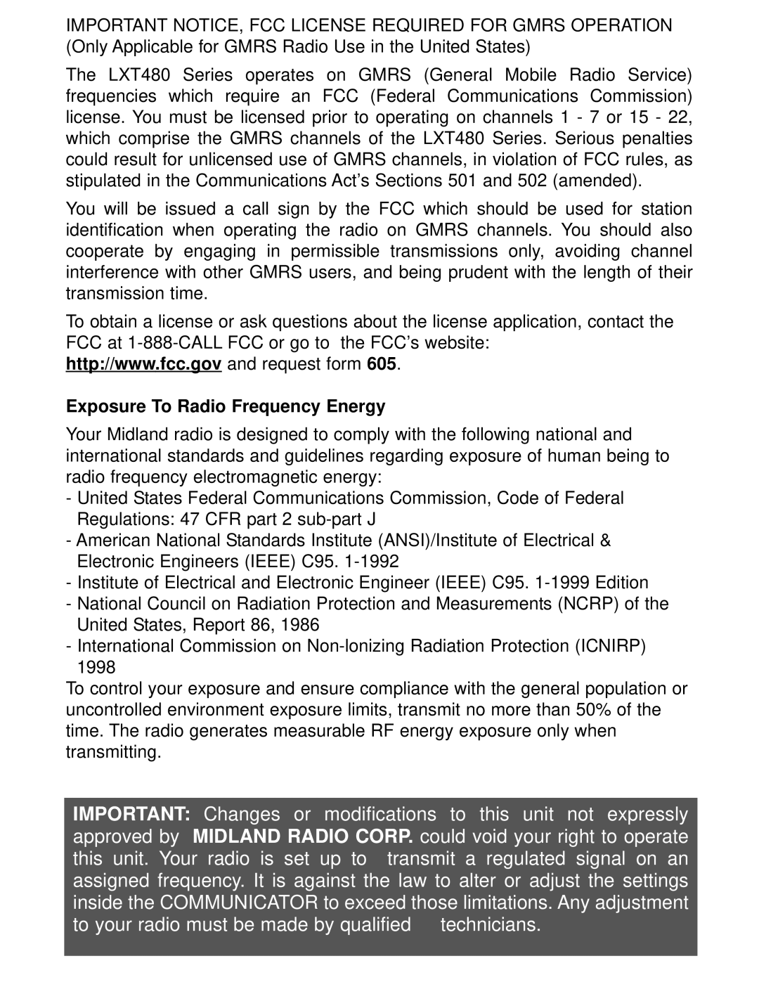 Midland Radio LXT480 Series owner manual Exposure To Radio Frequency Energy 