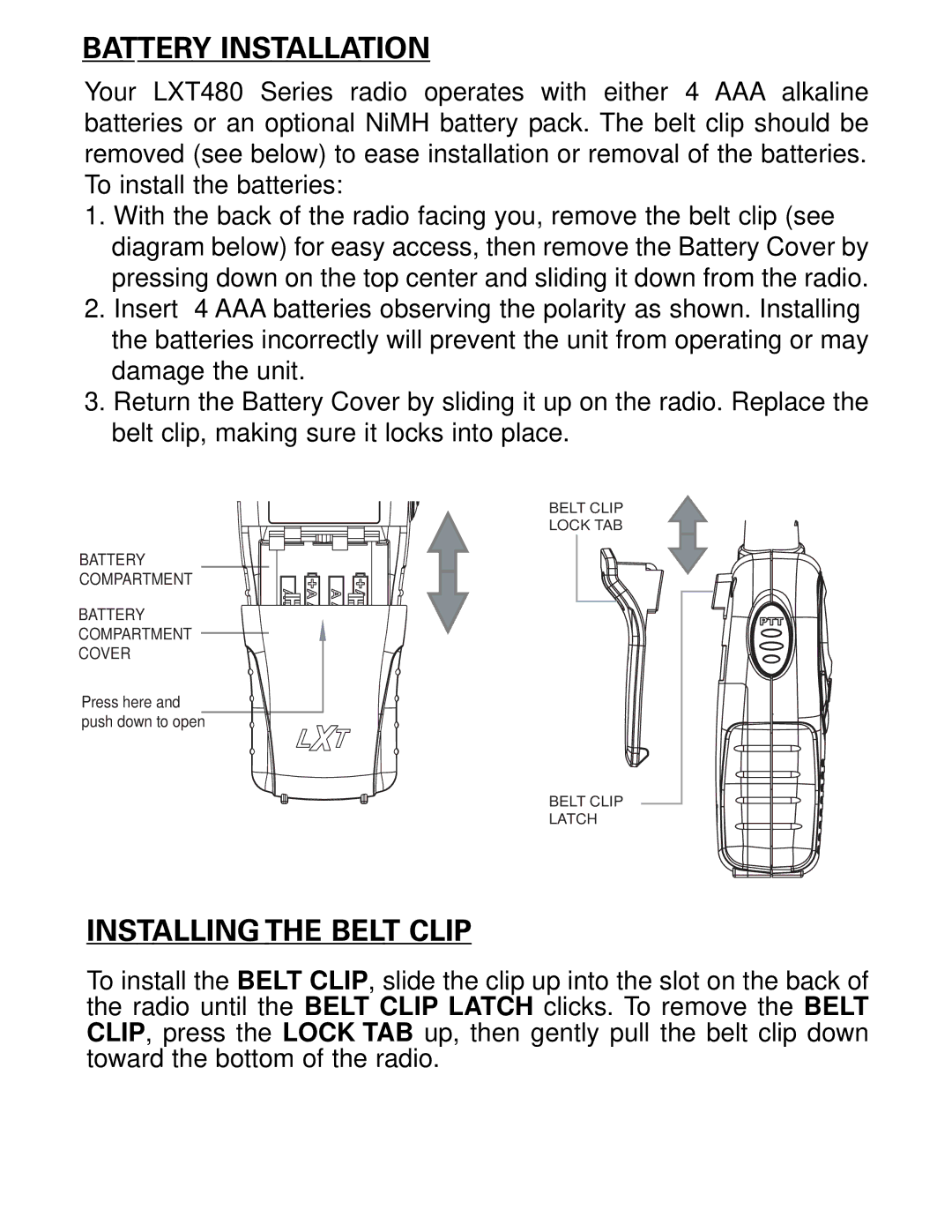 Midland Radio LXT480 Series owner manual Battery Installation, Installing the Belt Clip 