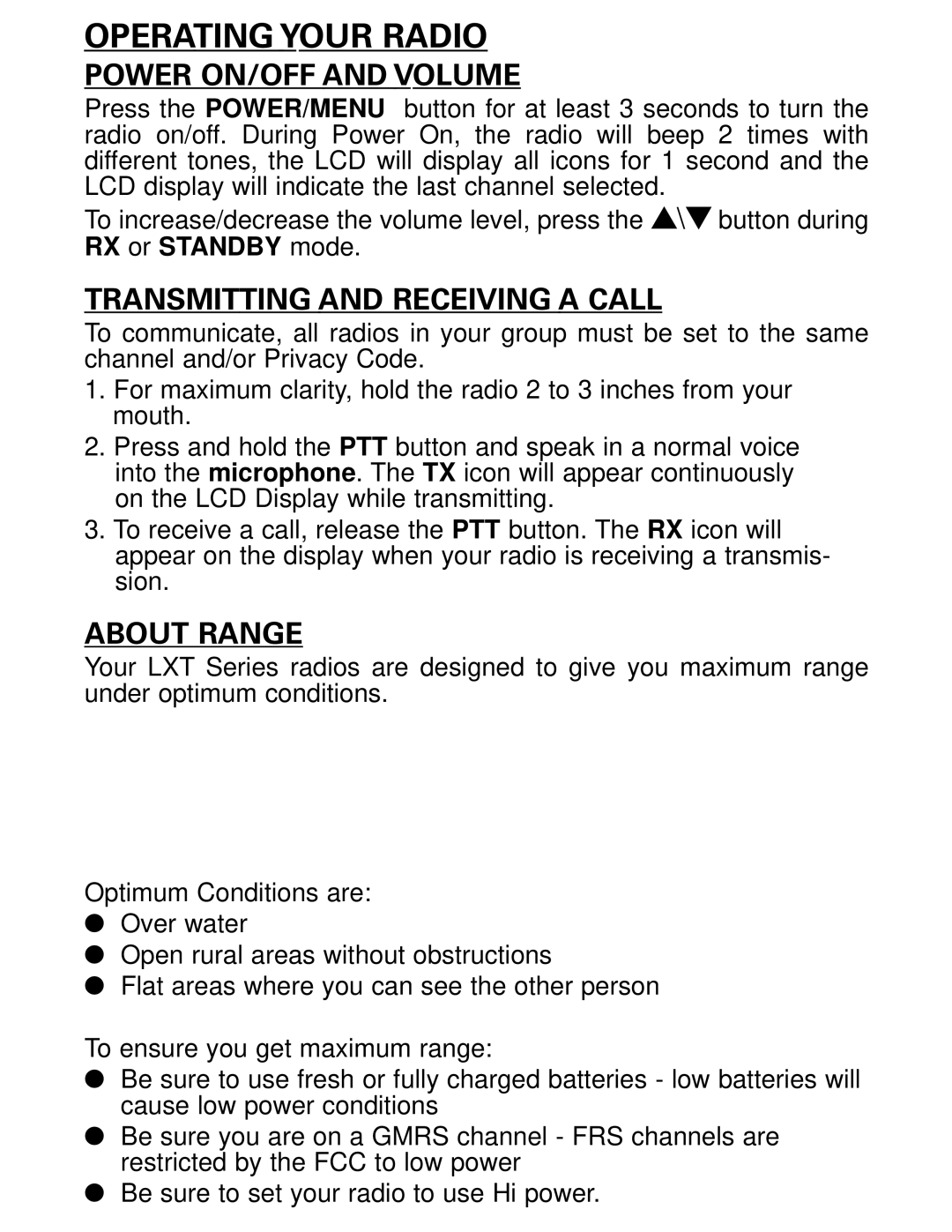 Midland Radio LXT480 Series owner manual Power ON/OFF and Volume, Transmitting and Receiving a Call, About Range 