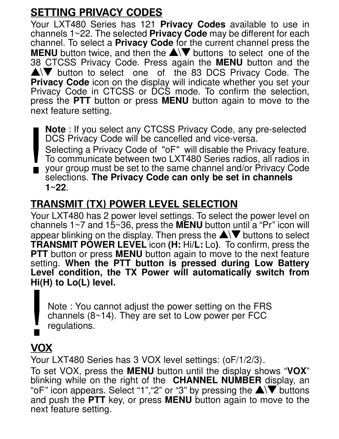 Midland Radio LXT480 Series owner manual Setting Privacy Codes, Vox 