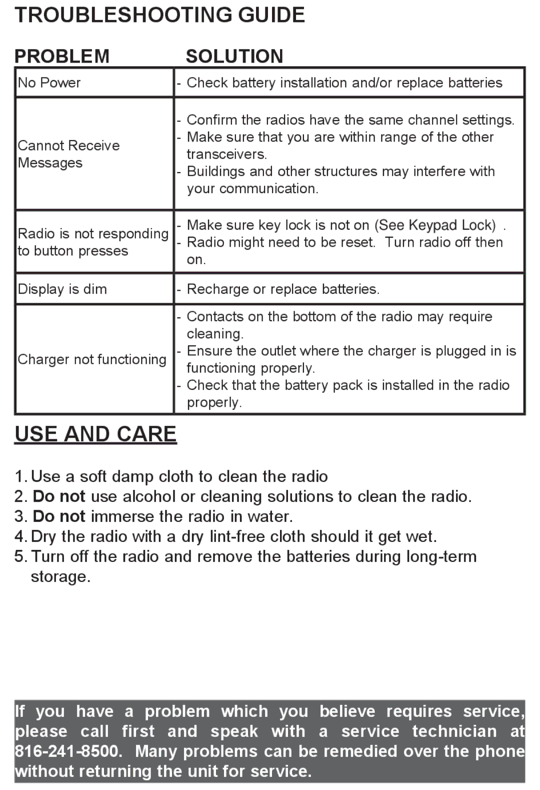 Midland Radio LXT500/535 manual Troubleshooting Guide, USE and Care, Problem Solution 