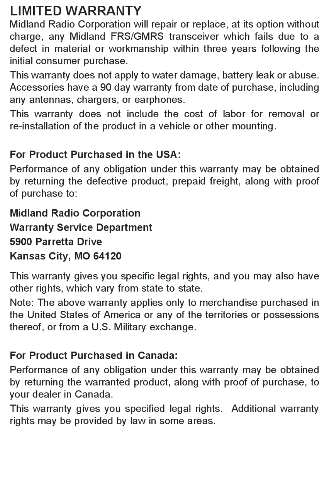 Midland Radio LXT500/535 manual Limited Warranty, For Product Purchased in the USA 