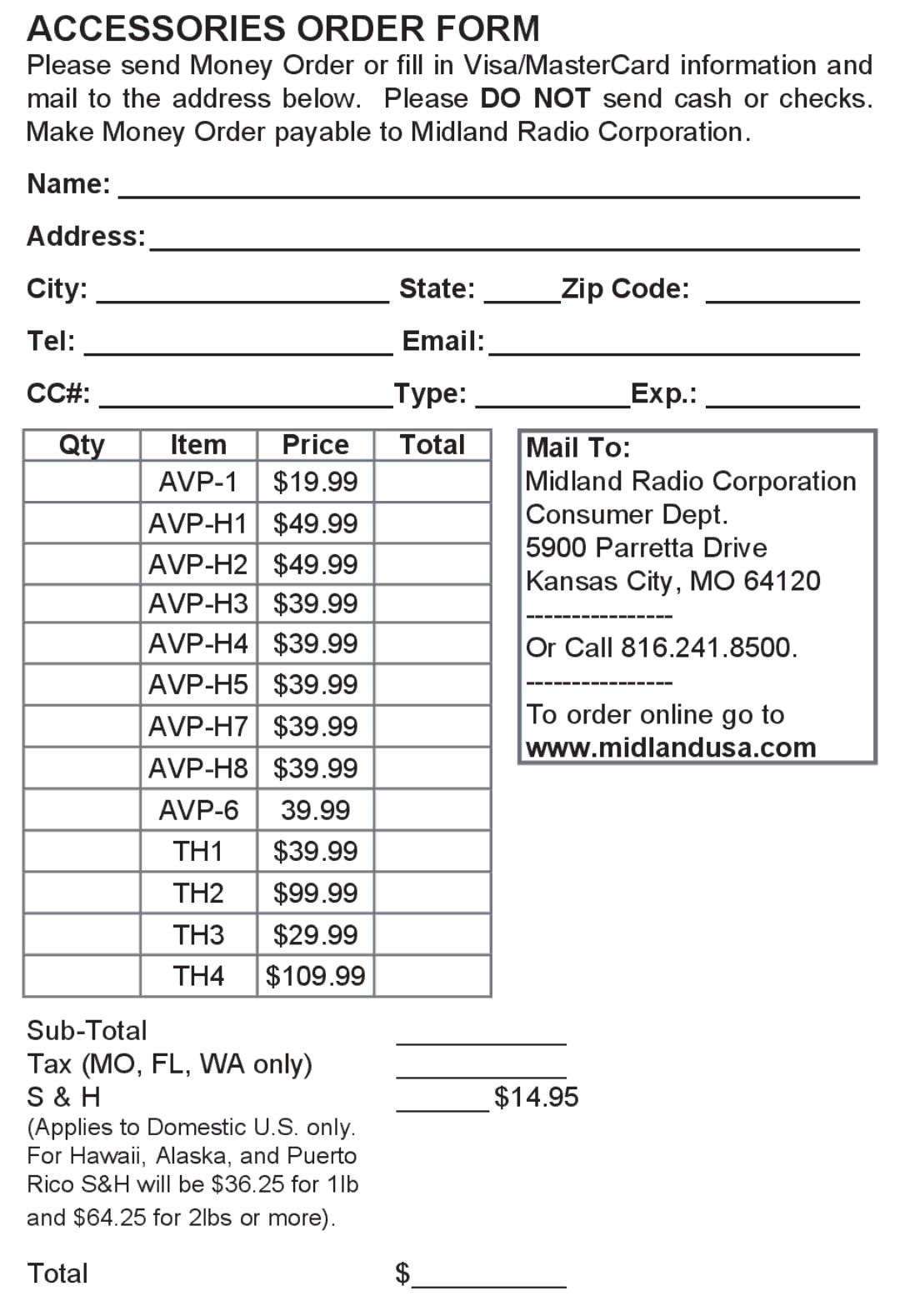 Midland Radio LXT500/535 manual Accessories Order Form, Qty Price Total 