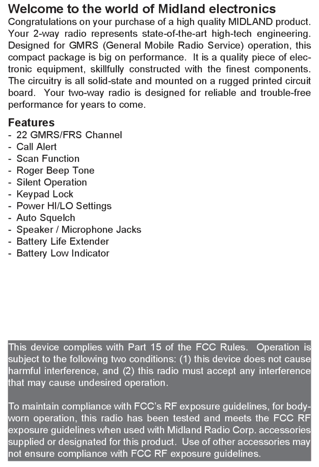 Midland Radio LXT500/535 manual Welcome to the world of Midland electronics, Features 