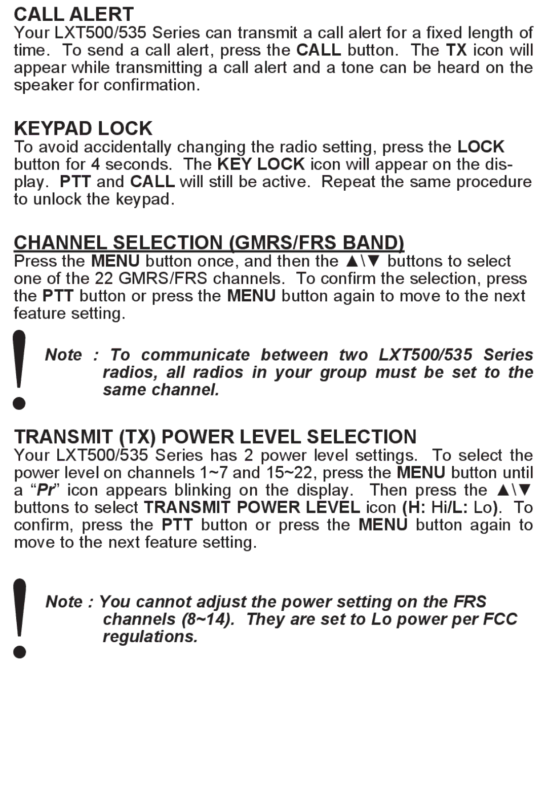 Midland Radio LXT500/535 manual Call Alert, Keypad Lock, Channel Selection GMRS/FRS Band, Transmit TX Power Level Selection 