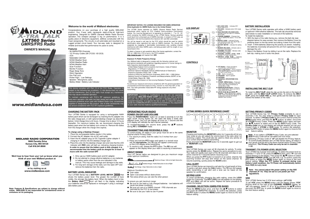 Midland Radio LXT560 specifications LCD Display, Battery Installation, Controls, Installing the Belt Clip, About Range 